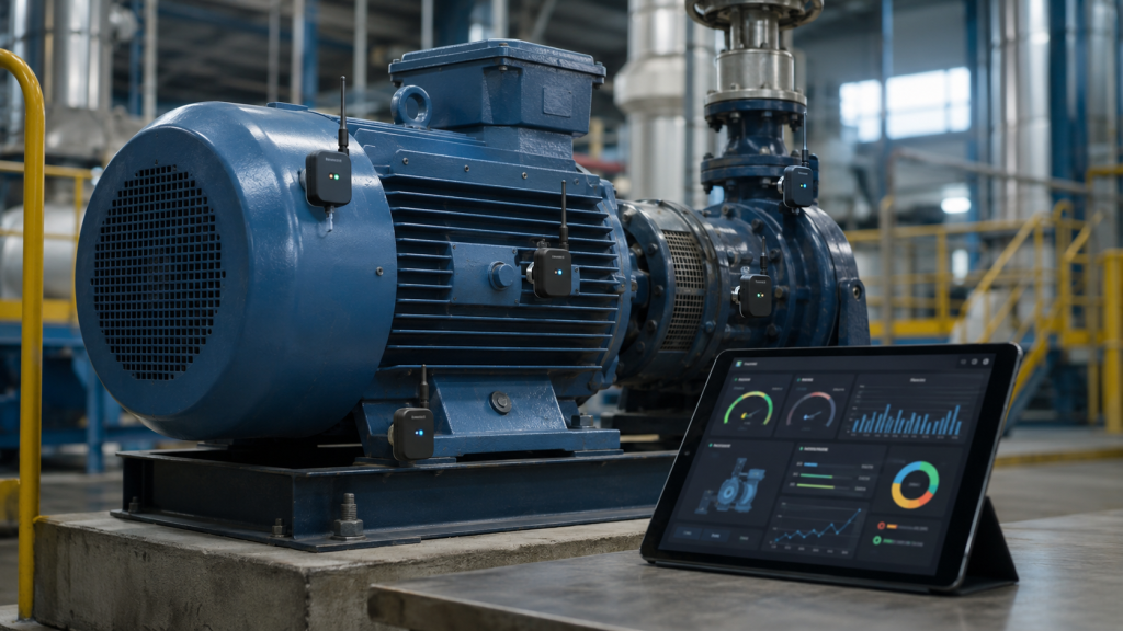 Machine industrielle avec capteurs IoT et tablette de maintenance