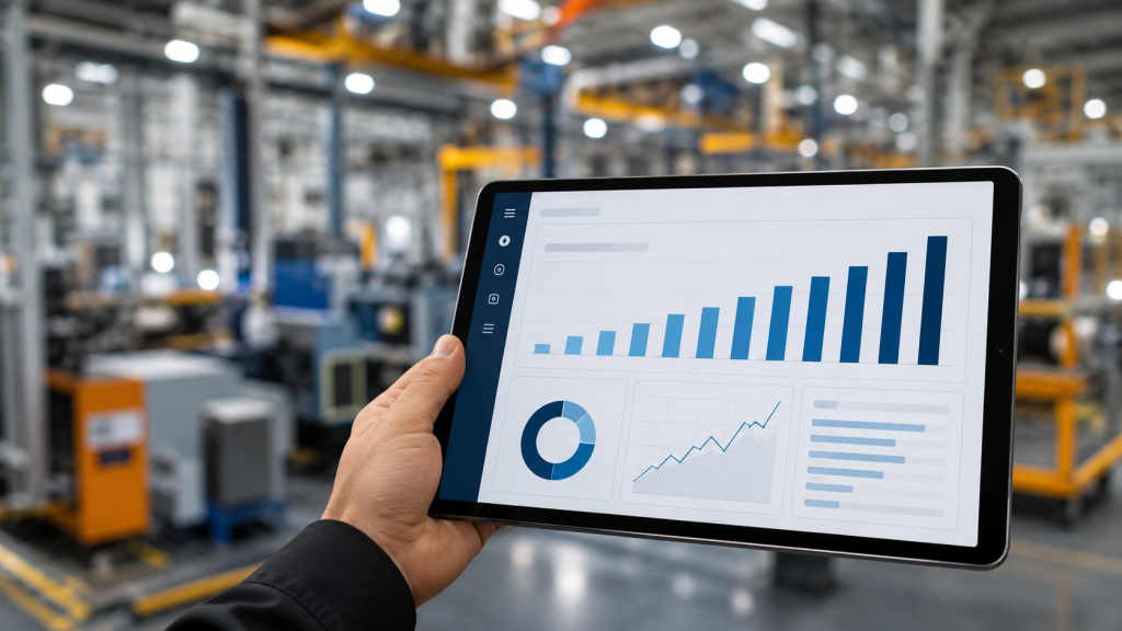 Tablette avec tableau de bord ROI sur site industriel